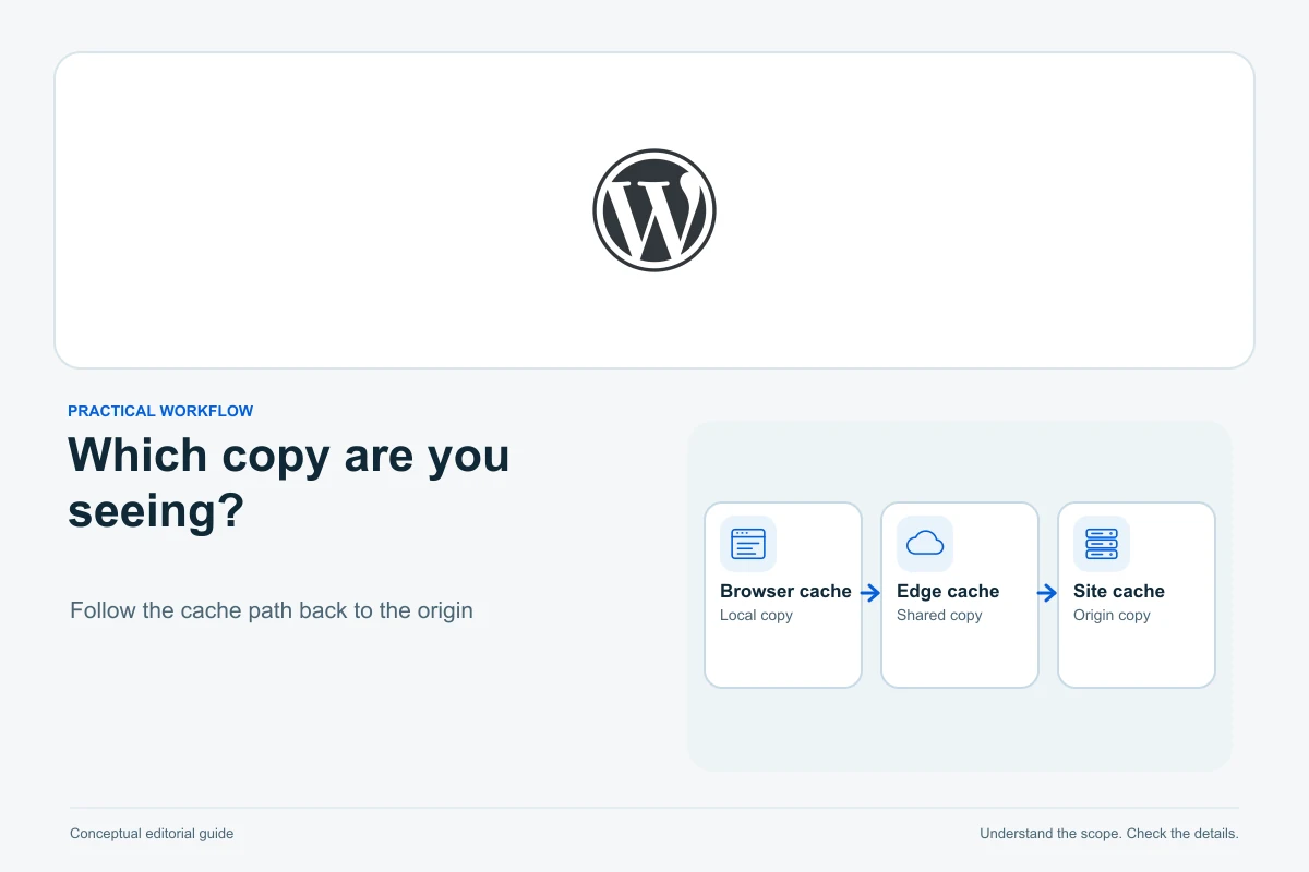 WordPress official logo above a conceptual chain diagram: Browser cache, Edge cache, Site cache.