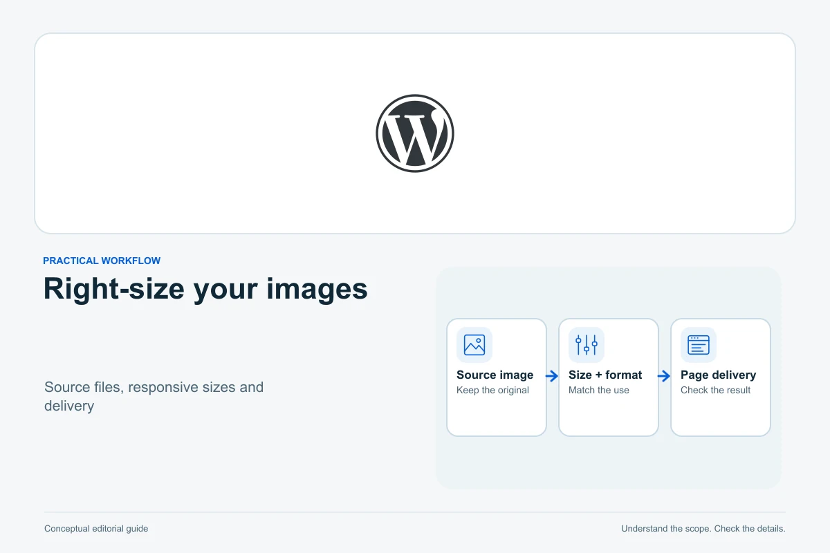 WordPress official logo above a conceptual chain diagram: Source image, Size + format, Page delivery.