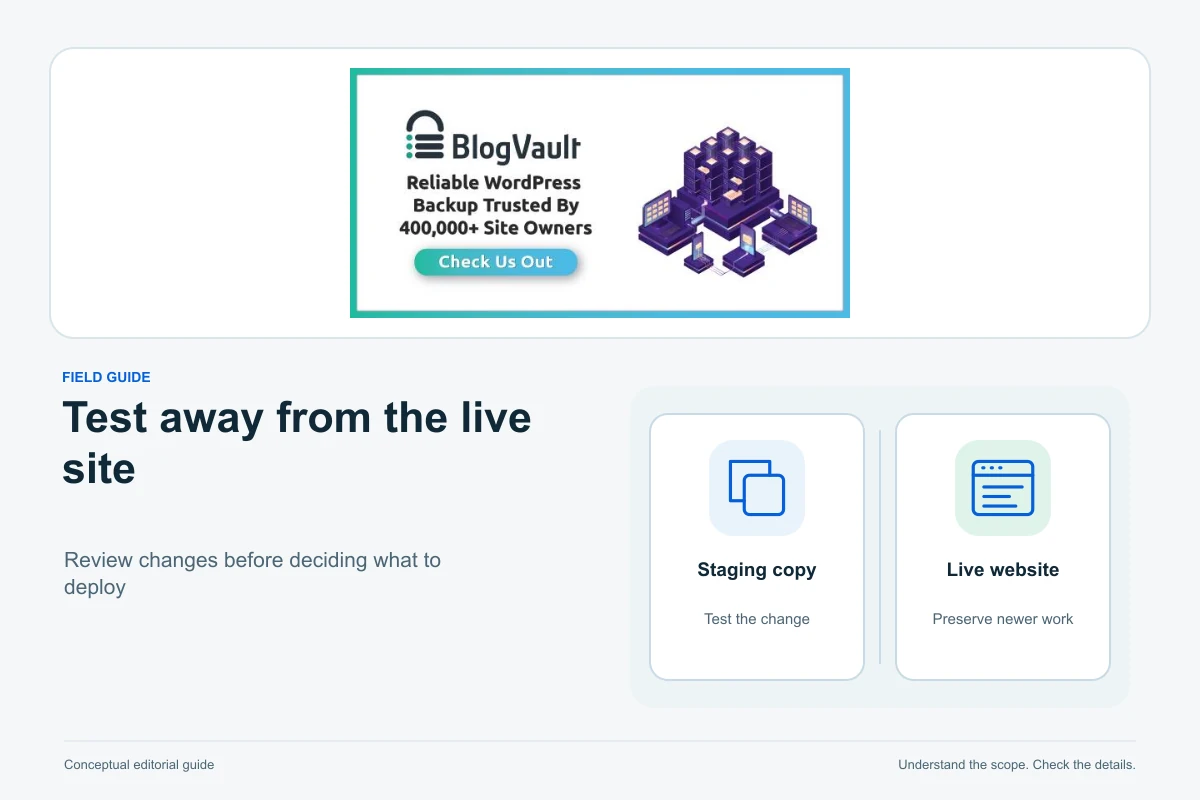 BlogVault official partner creative above a conceptual comparison diagram: Staging copy, Live website.