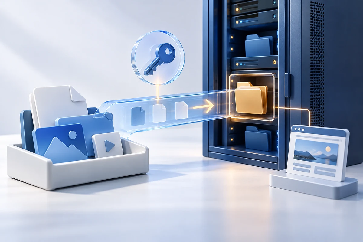 Files transferred into a verified remote server folder through a secure bridge.