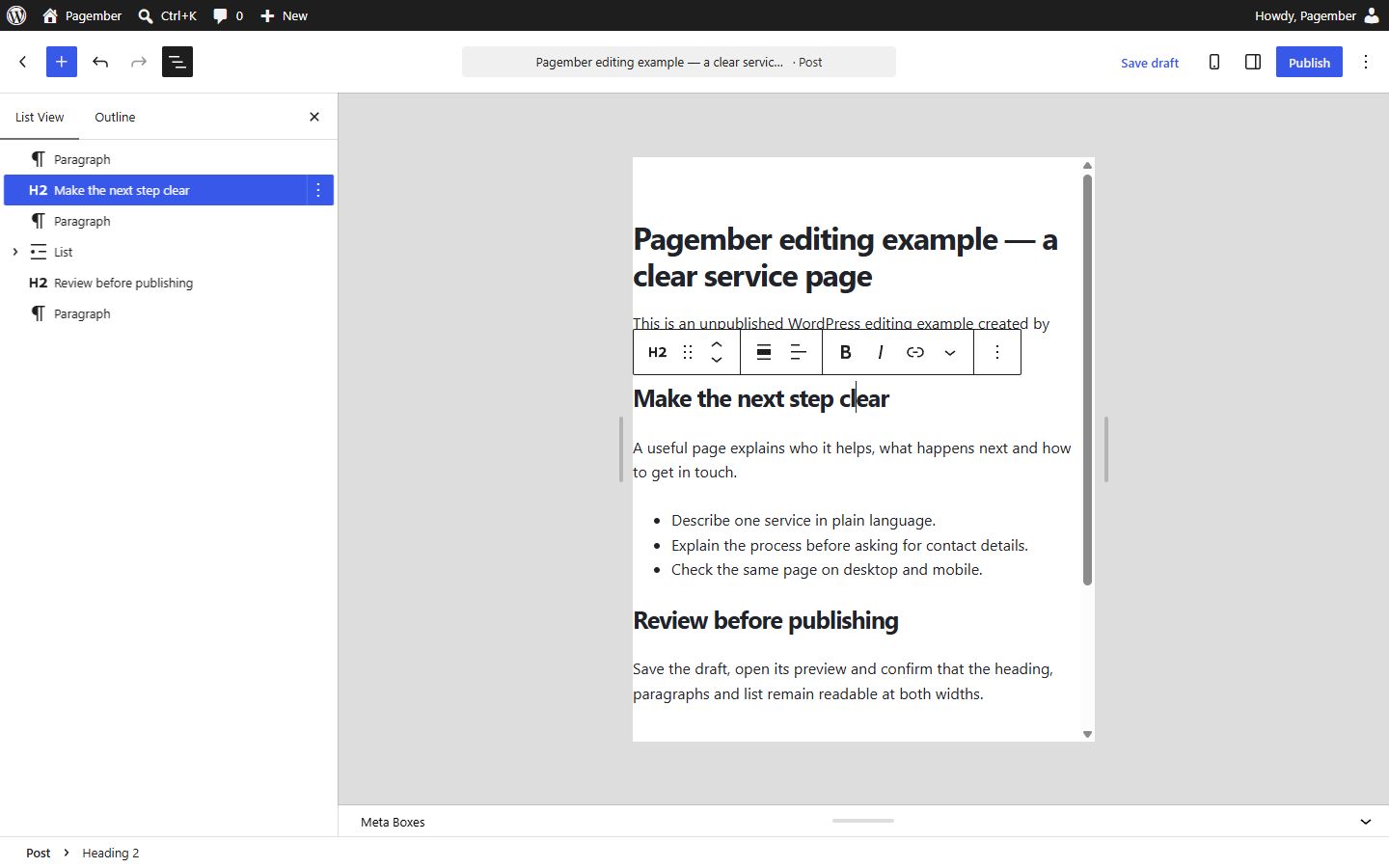 Our saved WordPress draft displayed in the editor's mobile preview, with the native block list alongside it.